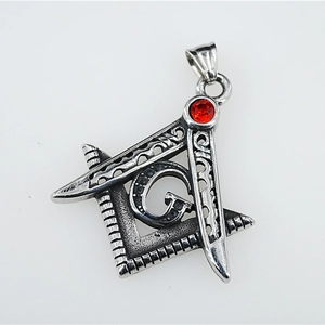 Vintage Freemasonry necklace pendant with red gemstone in antique silver finish