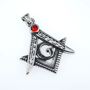 Nordic vintage masonic pendant necklace with red rhinestone and compass symbol