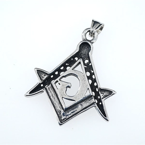 Vintage Masonic compass and square pendant necklace with red gem in distressed steel finish