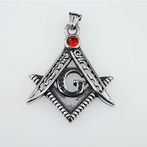 Vintage Masonic pendant necklace in silver finish with red ruby stone and compass symbol