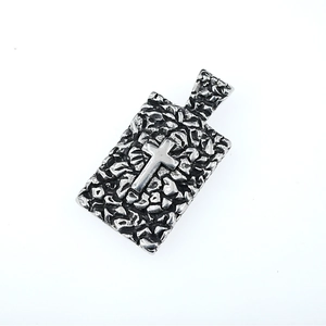 Collier rétro en acier inoxydable avec texture pépite et pendentif croix polie pour homme