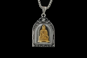 Detailaufnahme des zweifarbigen buddhistischen Anhängers mit einer silbernen Kette