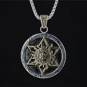 Vintage Titanium Steel Hexagram Pendant Necklace For Men Women Retro Sunburst Mystic Runes Round Medal Hip Hop Jewelry