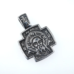Vintage silver stainless steel cross pendant necklace with embossed Jesus icon relief