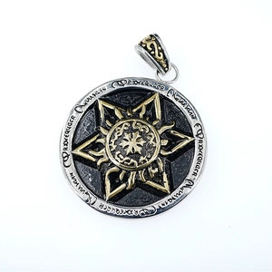 Vintage round pendant necklace with sunburst star pattern and mystic engraving detail