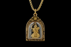 Aufwendige Halskette mit buddhistischem Anhänger aus goldfarbenem Titanstahl für Herren