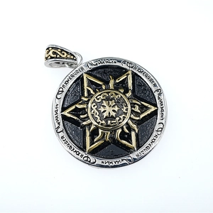 Retro circular hexagram pendant necklace with sunburst and mystic runes in two-tone finish