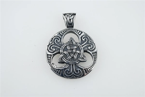 Detailed view of vintage Viking Triquetra pendant in oxidized stainless steel