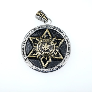 Retro two-tone star medallion pendant with mystical rune engravings on circular band