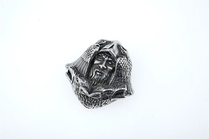 Detailed close-up of retro Viking Odin ring with crow wings in oxidized silver finish