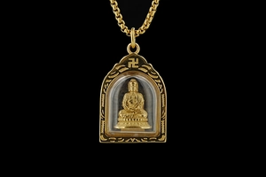 Detaillierte Nahaufnahme eines hohlen Buddha-Anhängers mit Schutzbogen auf schwarzem Grund