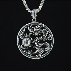 Stainless Steel Dragon Pendant Necklace Retro Chinese Style Round Hollow Charm Vintage Hip Hop Jewelry For Men Women Gift