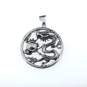 Retro dragon pearl necklace with round hollow pendant in vintage silver stainless steel finish