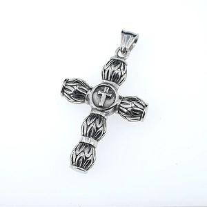 Vintage oxidized stainless steel cylindrical cross pendant necklace with leaf textures