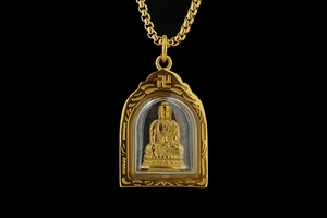 Detailansicht des goldenen Buddha-Anhängers mit Swastika-Symbol und Box-Ketten-Halskette