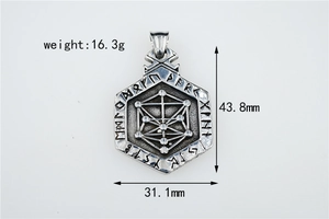 Macro view of vintage hexagonal Viking pendant showing engraved runes and weight details