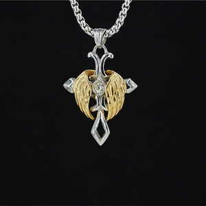 Nordic silver and gold cross pendant necklace with wings and center crystal