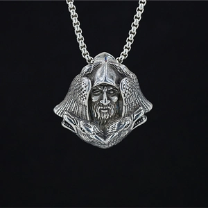 Retro Norse Viking Odin Portrait Pendant Necklace For Men Stainless Steel Double Wolf Raven Wing Hip Hop Street Jewelry