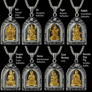 Tierkreis Buddha Amulett Anhänger Halskette Aus Edelstahl Vintage Religiöser Hohler Titanschmuck Für Herren Damen Geschenk