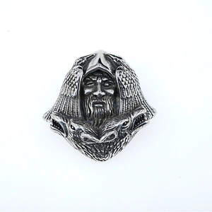 Retro Viking Odin ring for men with crow wings and wolf head patterns in silver finish