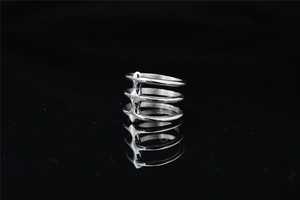 Macro detail of triple-layer silver punk ring with star-shaped joints on black background