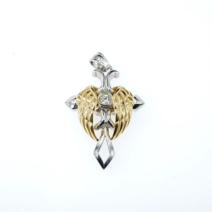 Nordic silver and gold cross pendant necklace with feather wings and zircon inlay