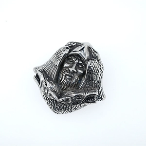 Retro Viking ring with Odin portrait and raven reliefs in antique silver finish