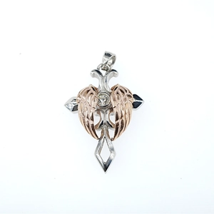 Nordic silver cross necklace with rose gold feather wings and sparkling diamond stone