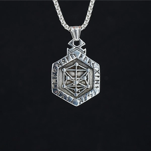 Viking Vegvisir Hexagon Pendant Necklace For Men Retro Titanium Steel Nordic Runes Sacred Geometry Metatron Cube Pendant Necklace Jewelry