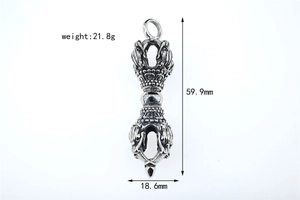 Detailed view of vintage silver Vajra pestle pendant with 59.9mm height measurements