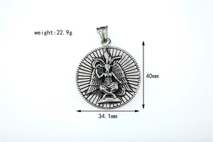 Macro detail of Fallen Angel Baphomet pendant showing dimensions 40mm by 34.1mm and 22.9g weight