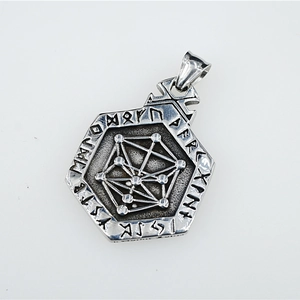 Vintage Viking hexagon necklace with Nordic runes on oxidized stainless steel pendant