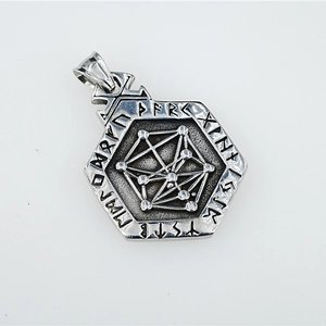 Vintage stainless steel hexagonal Viking pendant necklace featuring Nordic runes