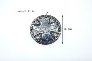 Macro detail of retro shield pendant with engraved Psalm 28 7 and cross relief accents