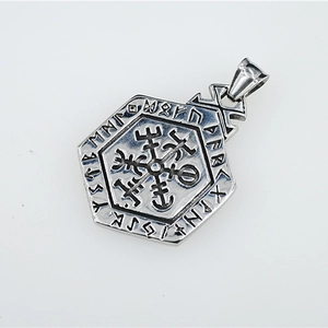 Vintage stainless steel hexagon Viking Vegvisir pendant necklace with rune carvings