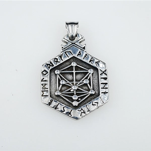 Vintage Viking hexagonal pendant necklace for men with nordic runes and geometric pattern