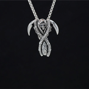 Gothic Punk Grim Reaper Pendant Necklace Vintage Stainless Steel Double Scythe Skull Charm Necklace For Men Biker Jewelry