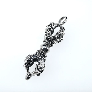 Retro ethnic style double vajra pestle pendant in vintage silver with intricate carving