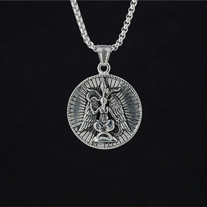 Vintage Stainless Steel Baphomet Pendant Necklace For Men Women Gothic Round Medal Leviathan Cross Mystic Symbol Jewelry