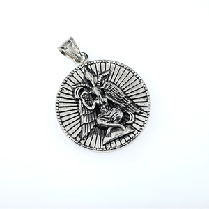 Retro fallen angel Baphomet round pendant necklace in silver stainless steel finish