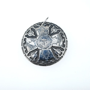 Retro shield cross pendant necklace for men with Psalm 28:7 engraving in vintage silver