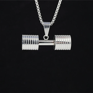 Polished silver dumbbell pendant necklace with durable stainless steel box chain