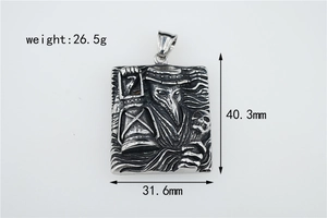 Macro view of Plague Doctor pendant with dimensions and weight specs in antique finish