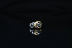 Vue détaillée de la bague de l'Œil d'Horus avec accents dorés sur surface réfléchissante noire