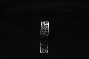 Detailed close-up of vintage Ankh cross and sun patterns on an Egyptian style steel ring