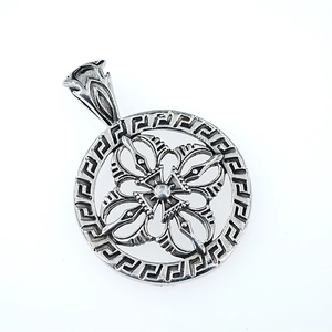 Vintage stainless steel round hollow cross pendant necklace with Greek meander pattern