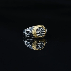 Bague Œil d'Horus pour hommes en acier inoxydable antique avec symboles égyptiens dorés