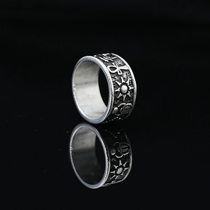 Vintage stainless steel ring featuring ancient Egyptian Ankh and Eye of Horus relief
