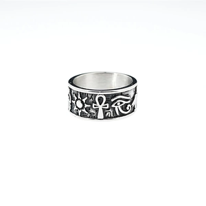 Retro vintage stainless steel Eye of Horus and Ankh cross ring for men with silver finish