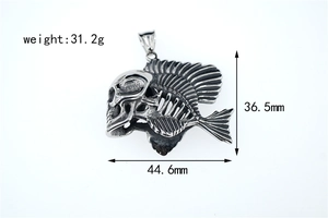 Detail view of gothic skeleton fish pendant with size 44.6mm by 36.5mm and 31.2g weight